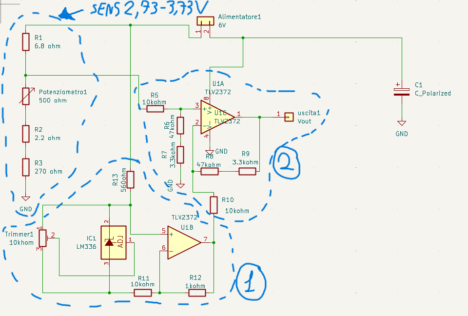 Schema elettrico del circuito diviso in tre parti